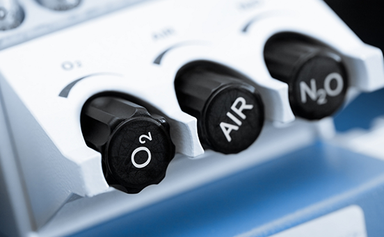 Close-up of knobs on machine used for nitrous oxide sedation